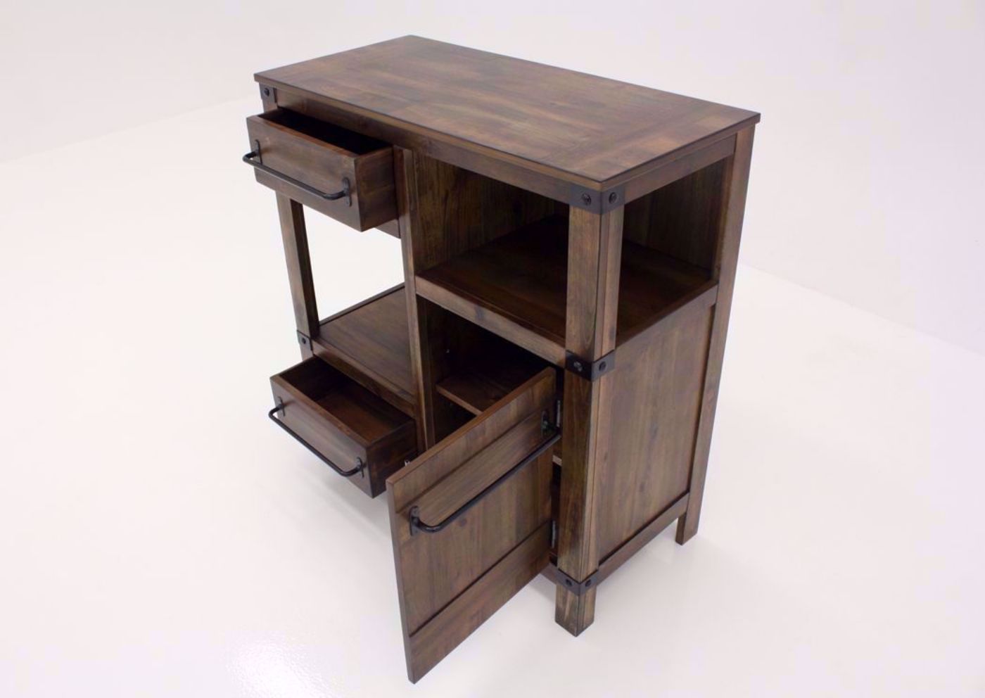 Rustic Brown Roybeck Accent Cabinet Showing at an Angle With the Door and Drawers Open | Home Furniture Plus Bedding