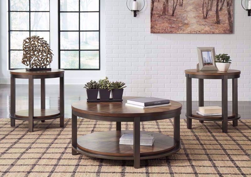 Two-Tone Brown Roybeck 3 Piece Coffee Table Set by Ashley Furniture in a Room Setting | Home Furniture Plus Bedding