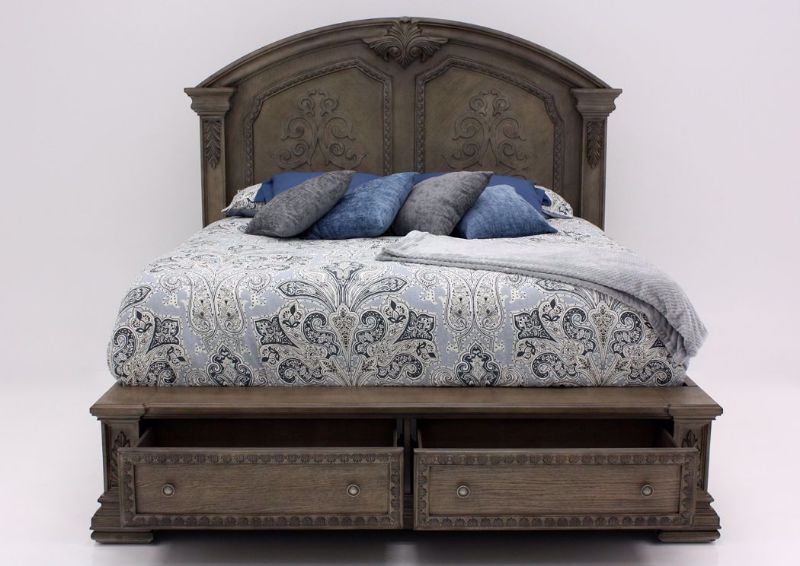 Maria Queen Size Storage Bed, Front Facing, Drawers Open | Home Furniture Plus Bedding, Angle