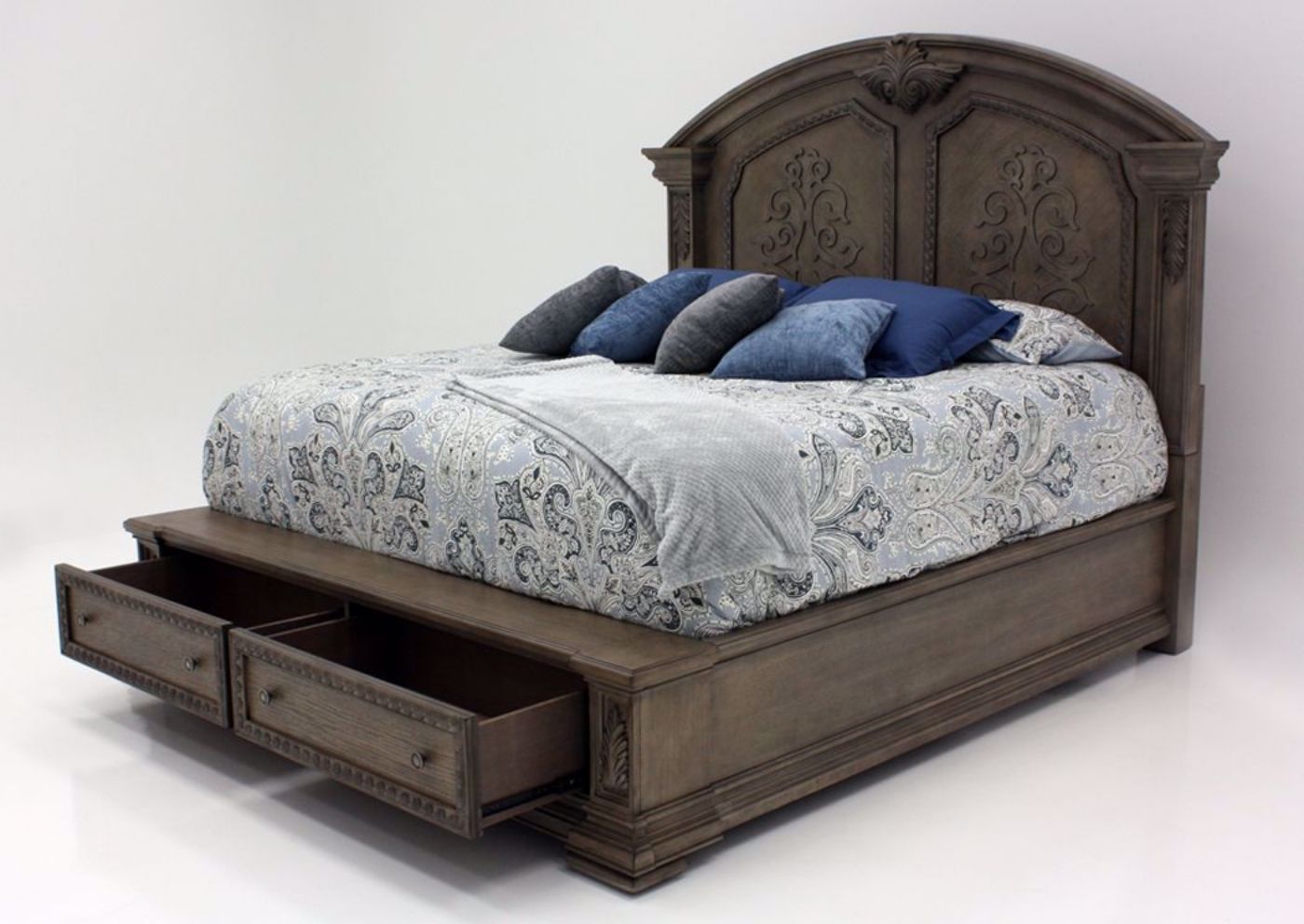 Maria Queen Size Storage Bed, Angle, Drawers Open | Home Furniture Plus Bedding, Angle
