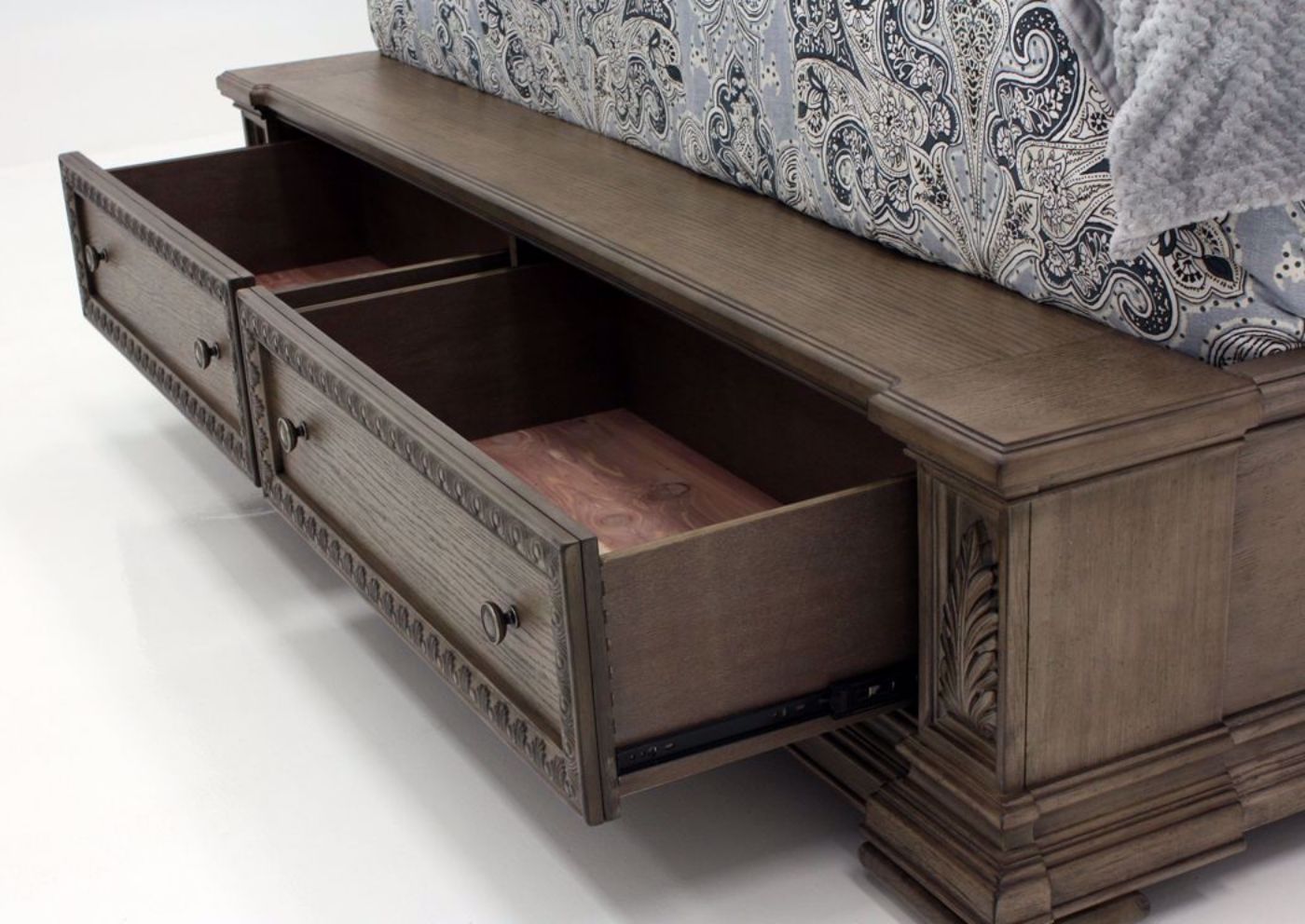 Maria Queen Size Storage Bed, Footboard, Drawers Open | Home Furniture Plus Bedding, Angle
