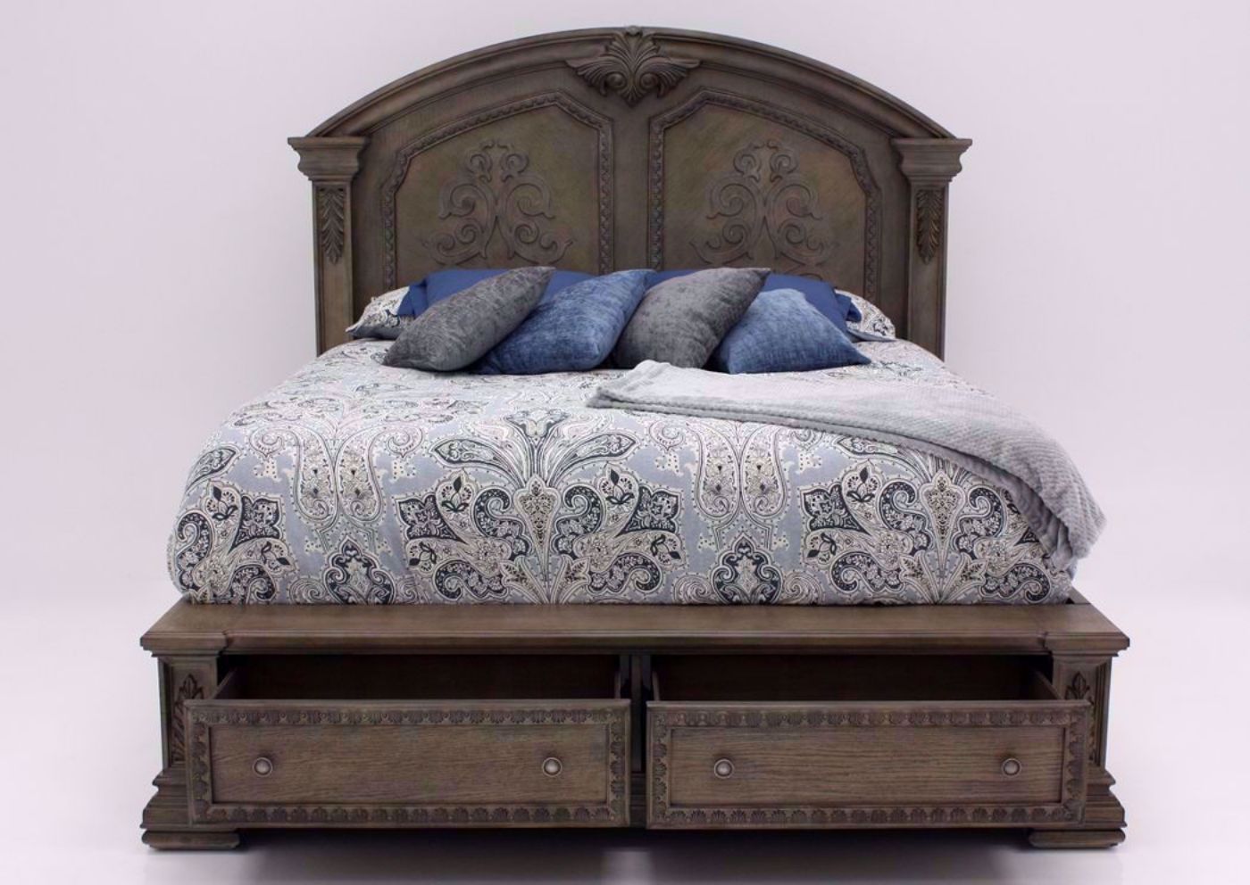 Taupe Brown Maria King Size Storage Bed Facing Front With the Footboard Drawers Open | Home Furniture Plus Bedding