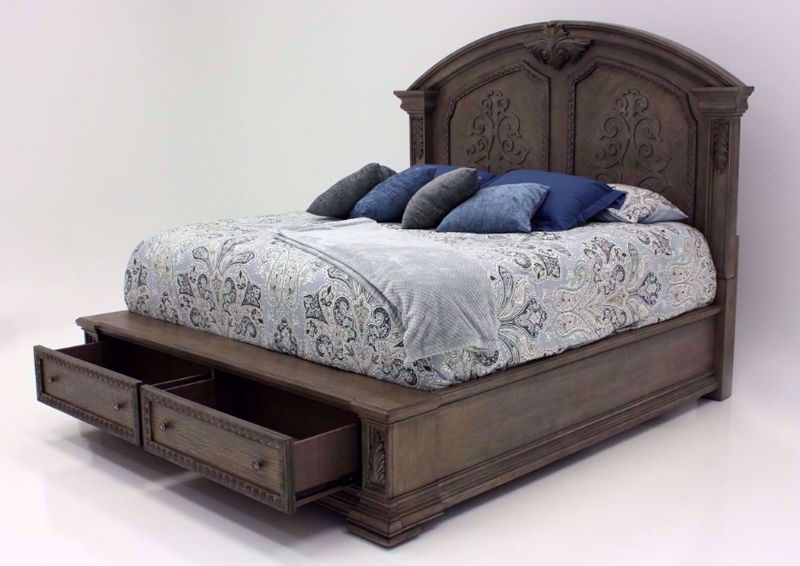 Taupe Brown Maria King Size Storage Bed at an Angle With the Footboard Drawers Open | Home Furniture Plus Bedding