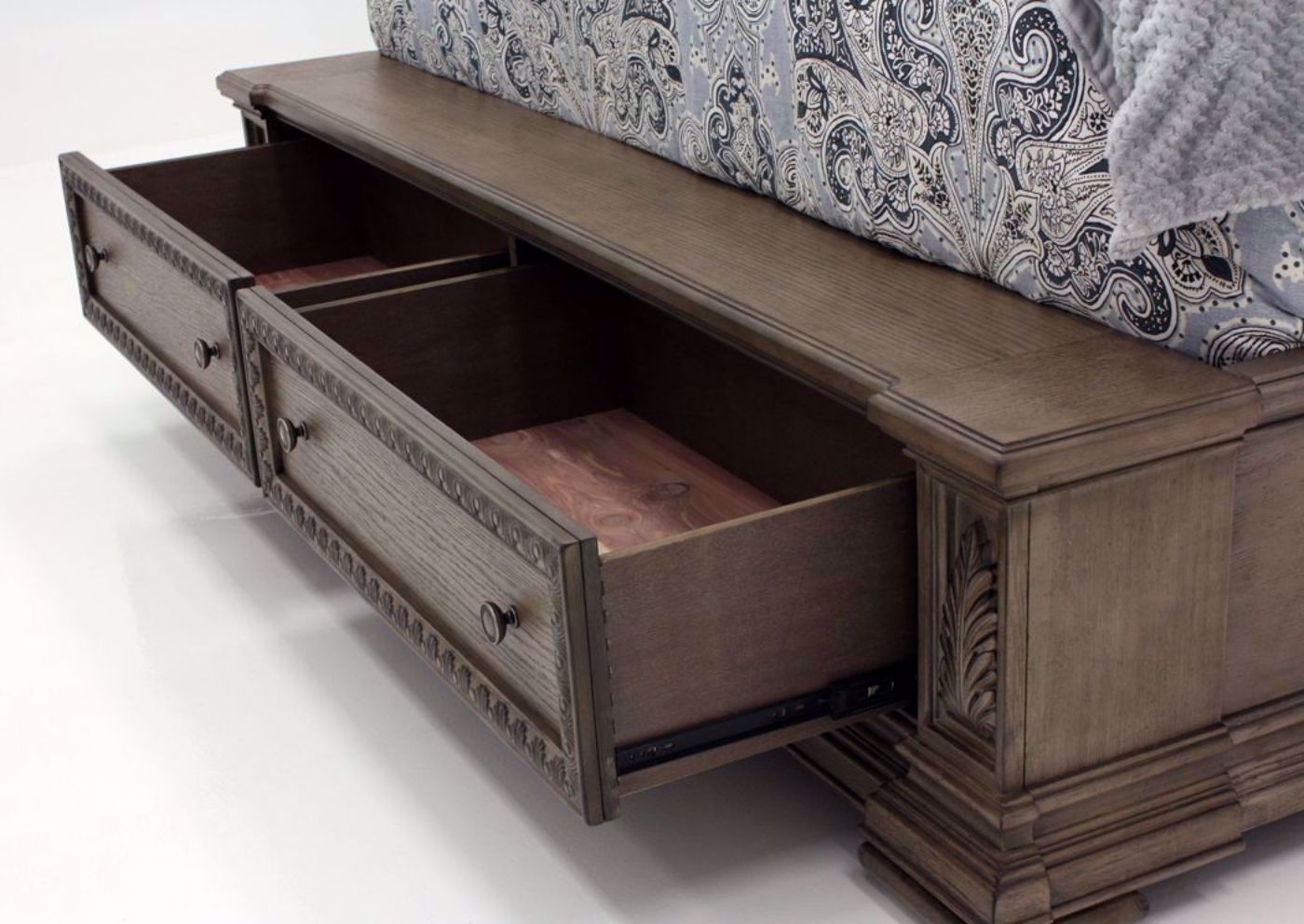 Taupe Brown Maria Queen Size Storage Bed Showing the Footboard With the Drawers Open | Home Furniture Plus Bedding, Angle