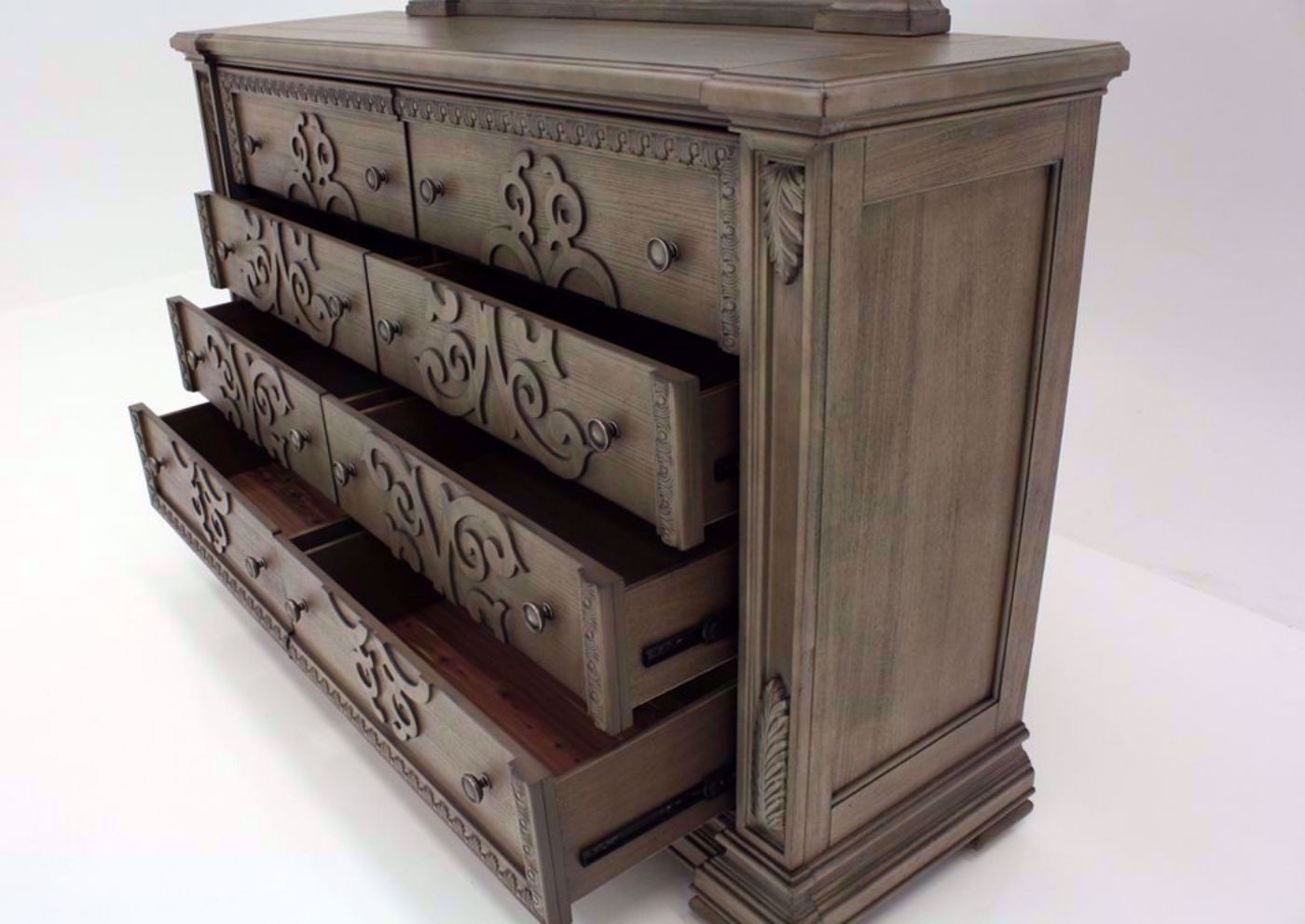 Taupe Brown Maria Dresser with Mirror at an Angle Showing the Drawers Close Up Open | Home Furniture Plus Bedding