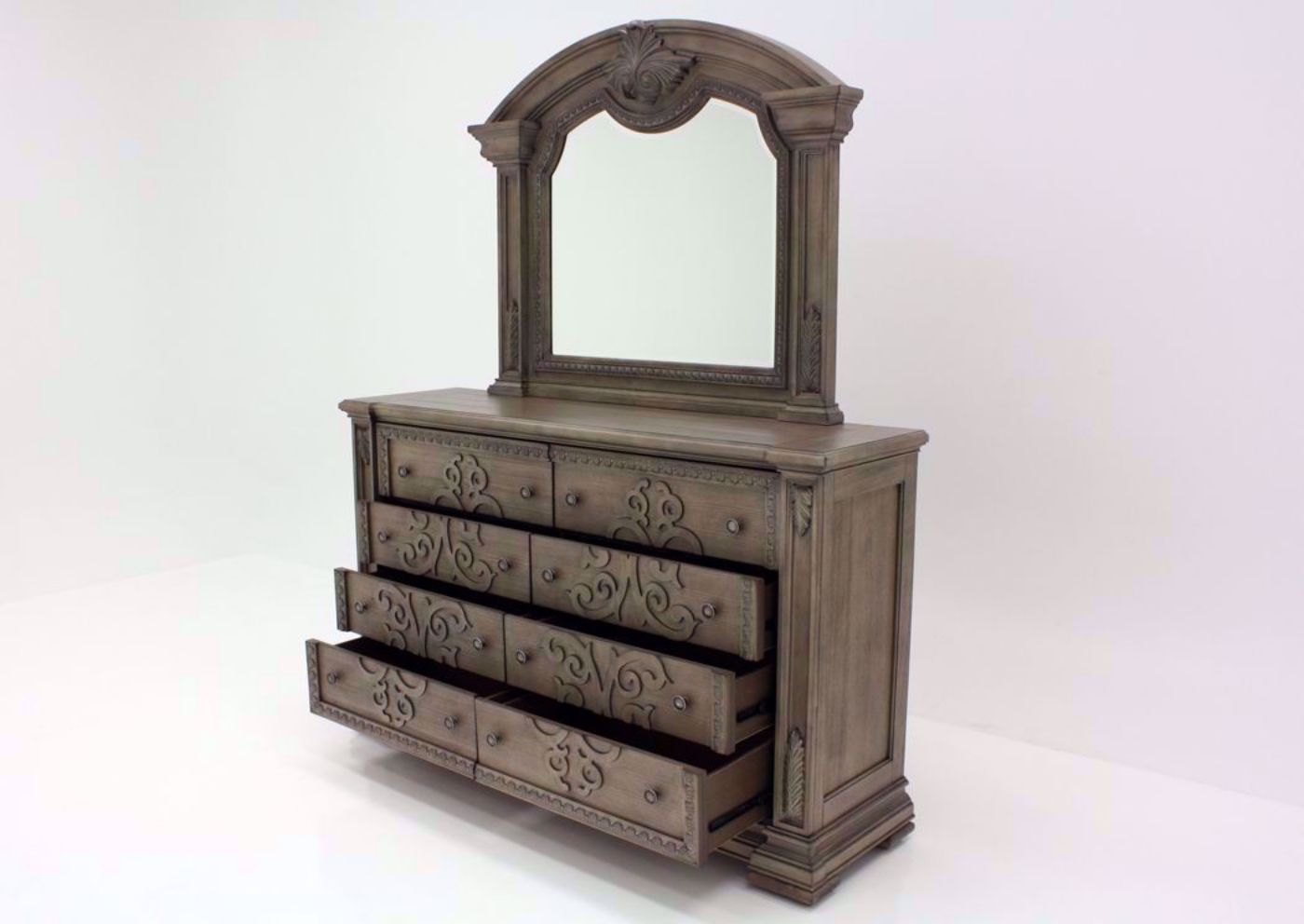 Taupe Brown Maria Dresser with Mirror at an Angle With the Drawers Open | Home Furniture Plus Bedding