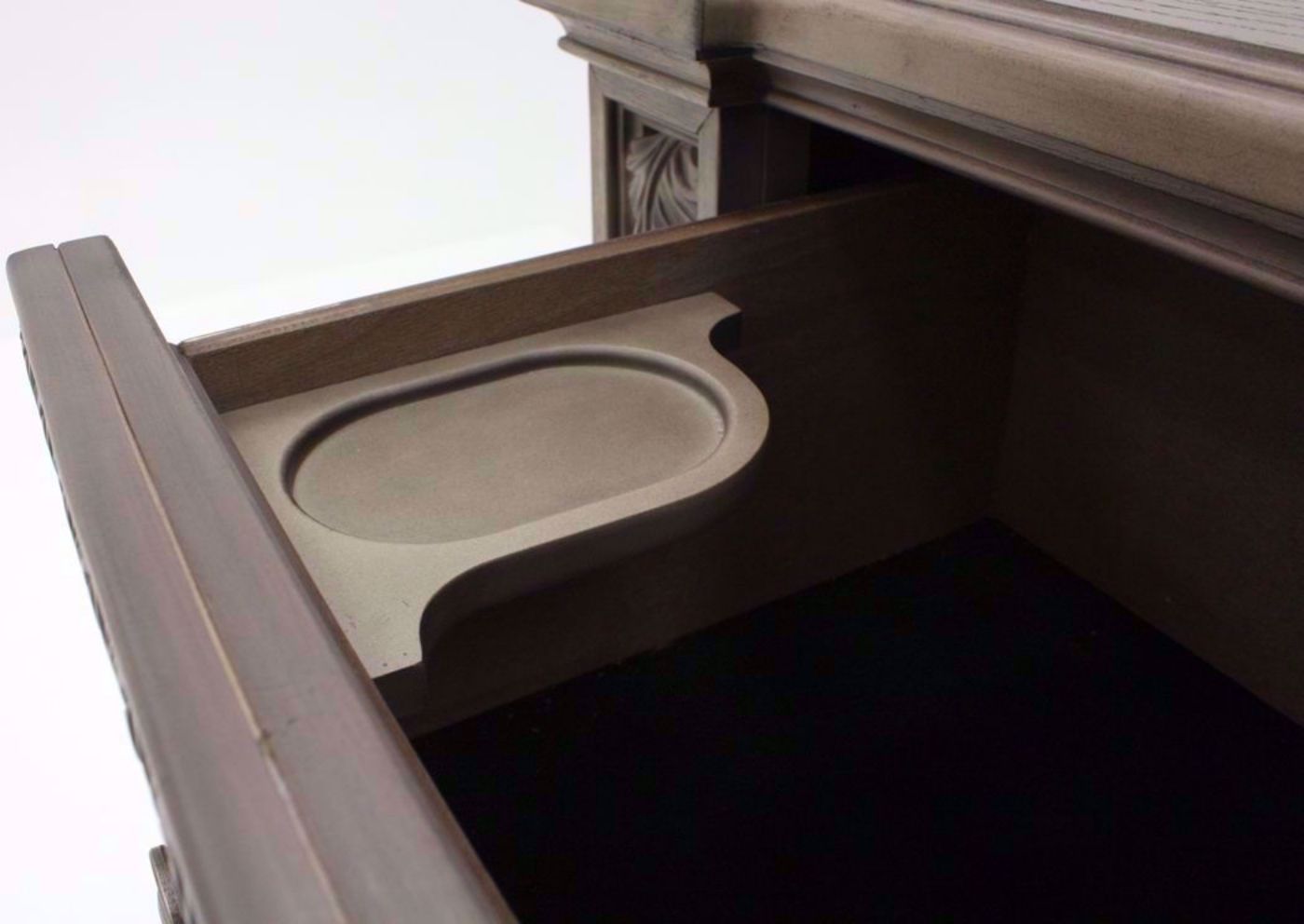 Taupe Brown Maria Dresser with Mirror Showing the Change Cup Detail | Home Furniture Plus Bedding