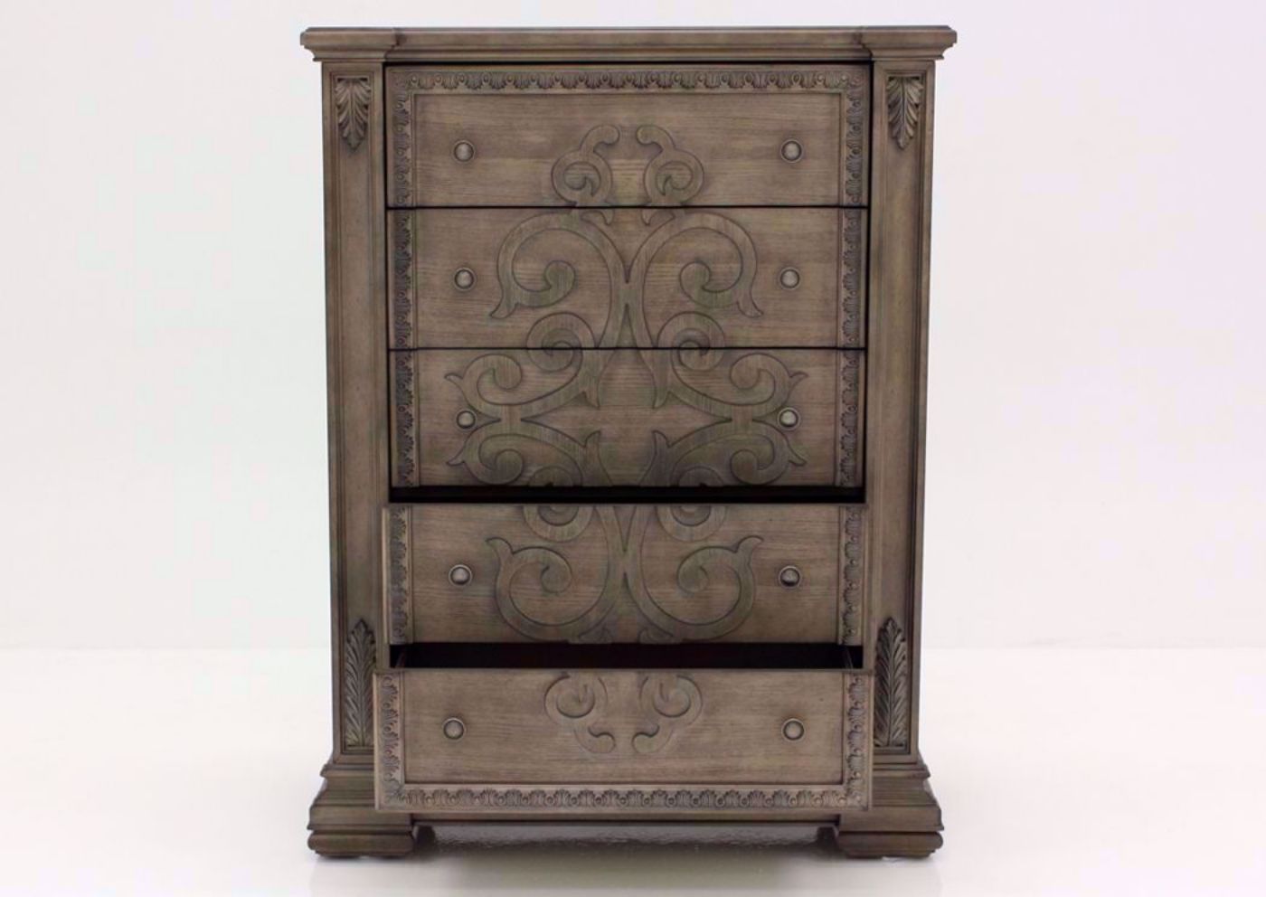 Taupe Brown Maria Chest of Drawers Facing Front With the Drawers Open | Home Furniture Plus Bedding