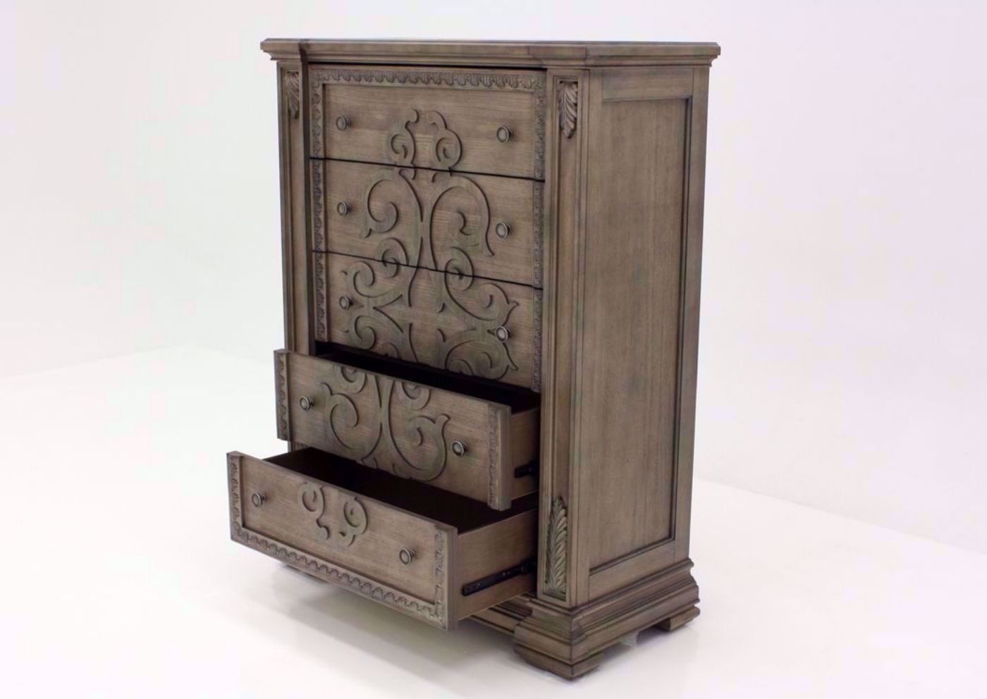 Taupe Brown Maria Chest of Drawers at an Angle With the Drawers Open | Home Furniture Plus Bedding