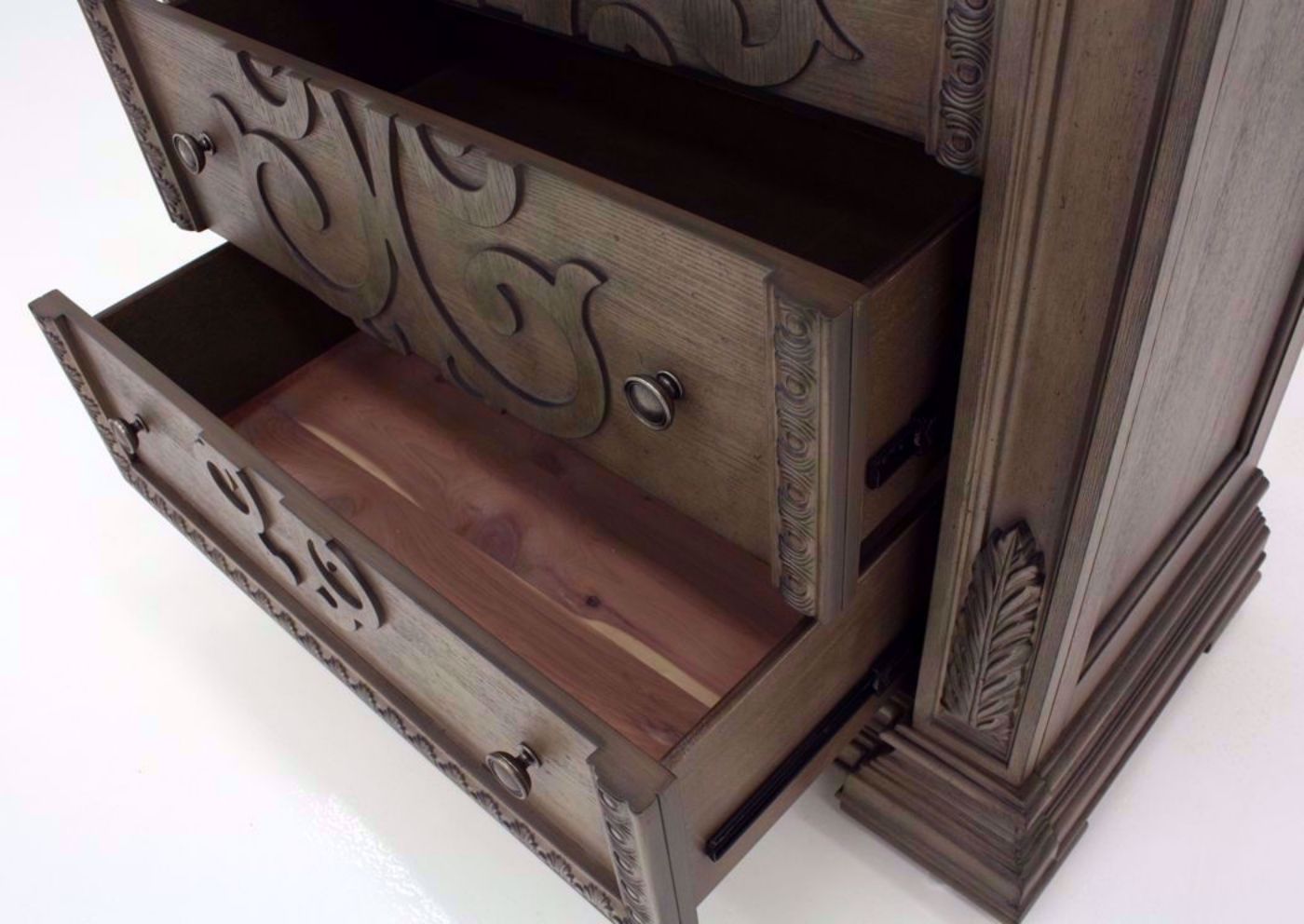 Taupe Brown Maria Chest of Drawers Showing the Drawers Open | Home Furniture Plus Bedding