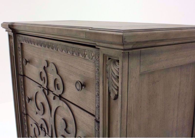 Taupe Brown Maria Chest of Drawers Showing the Decorative Drawer Front | Home Furniture Plus Bedding