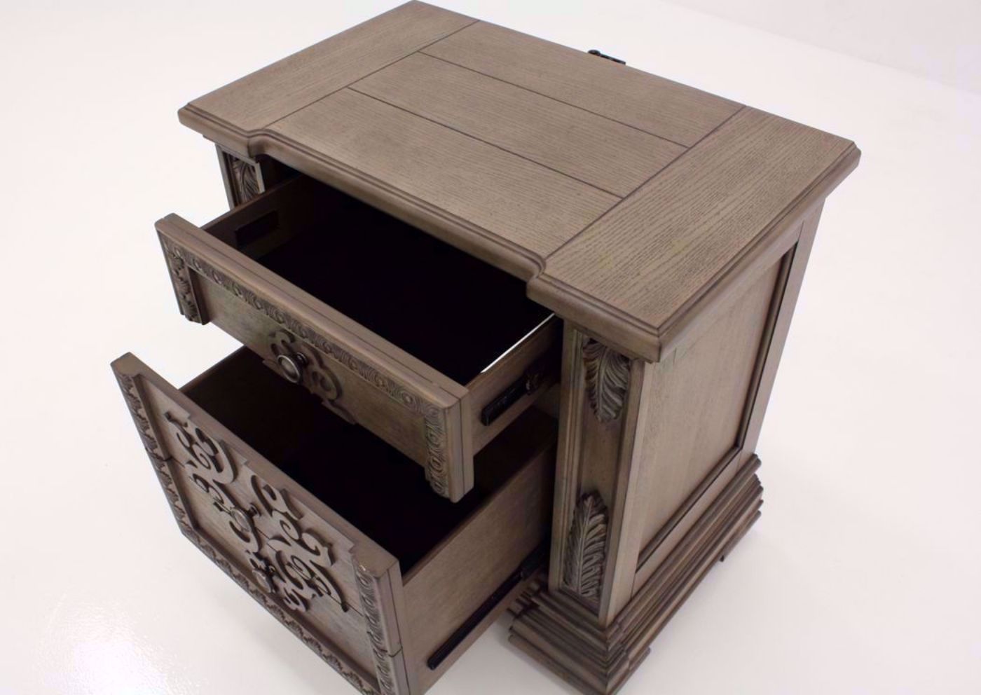 Taupe Brown Maria Nightstand at an Angle With the Drawers Open | Home Furniture Plus Mattress
