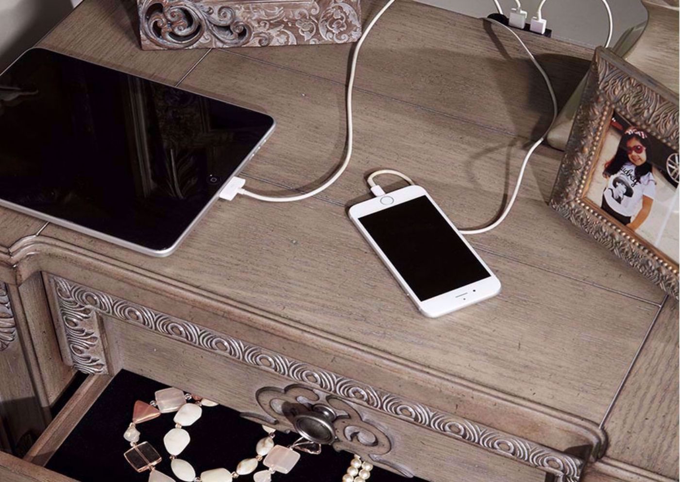 Taupe Brown Maria Nightstand Showing the Details in a Room Setting | Home Furniture Plus Mattress