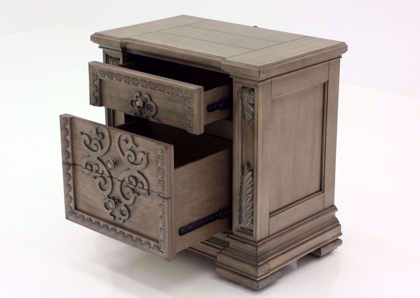 Taupe Brown Maria Nightstand at an  Angle With the Drawers Open | Home Furniture Plus Mattress