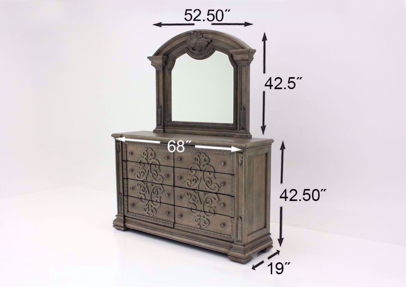 Taupe Brown Maria Bedroom Set Showing the Dresser and Mirror Dimensions | Home Furniture Plus Bedding