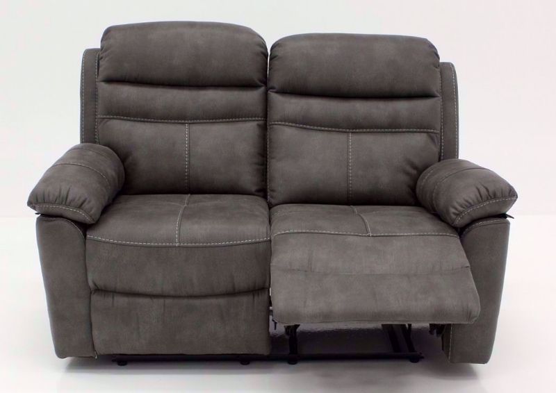 Gray Slate Reclining Loveseat, Front Facing with One Recliner Open | Home Furniture Plus Bedding
