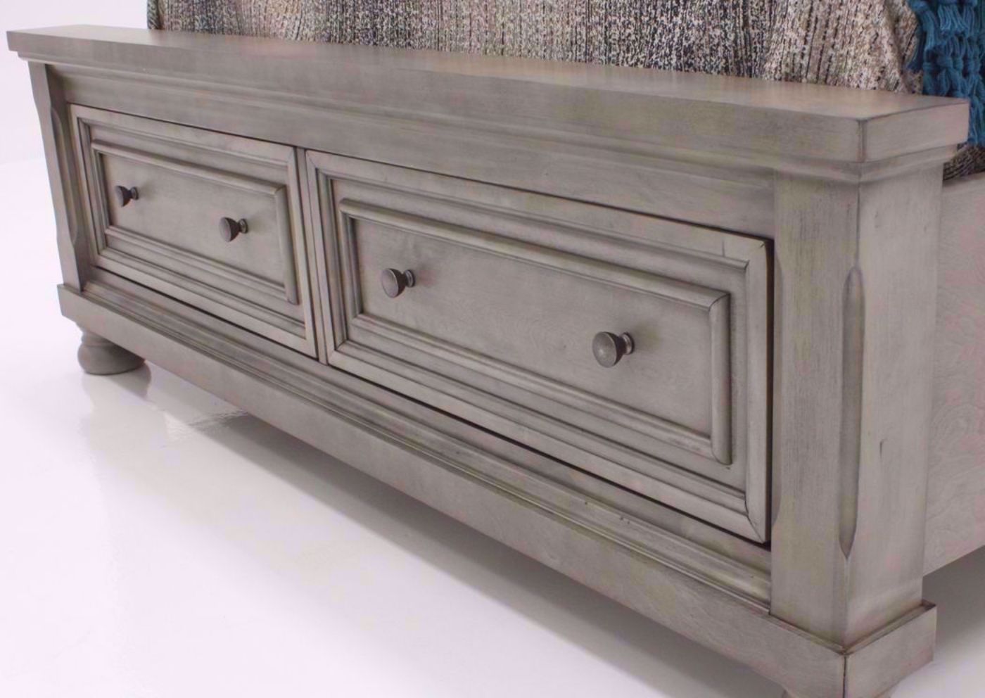 Light Gray Lettner Queen Size Sleigh Bed by Ashley Furniture Showing the Footboard at an Angle | Home Furniture Plus Bedding