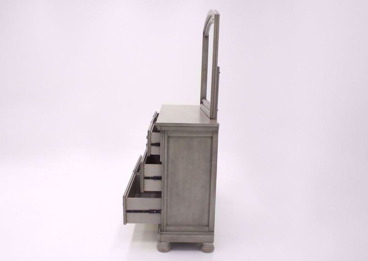 Distressed Light Gray Lettner Dresser with Mirror Showing the Side View With the Drawers Open | Home Furniture Plus Bedding