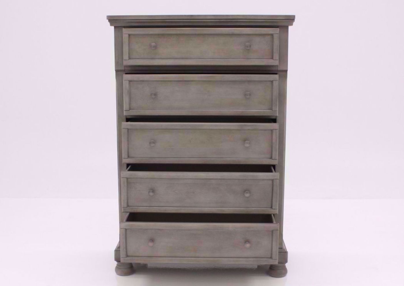 Distressed Light Gray Lettner Chest of Drawers by Ashley Furniture Facing Front With the Drawers Open | Home Furniture Plus Bedding
