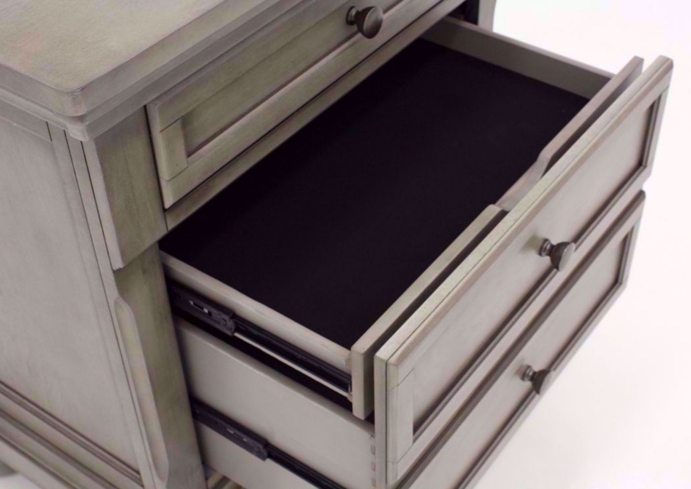 Light Gray Lettner Nightstand by Ashley Furniture Showing the Hidden Drawer Interior | Home Furniture Plus Mattress