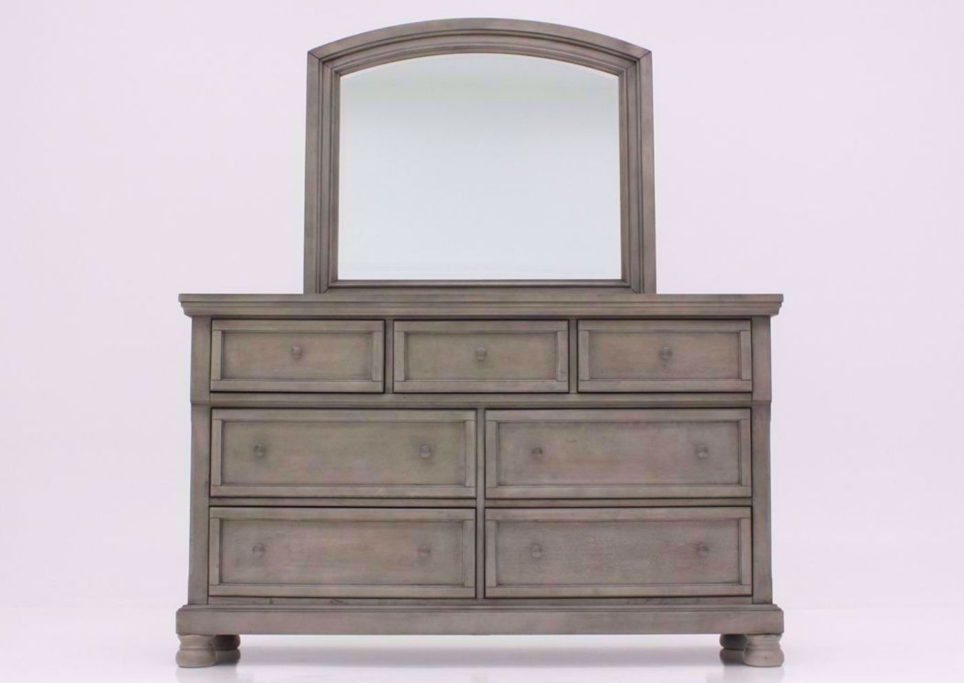 Distressed Light Gray Lettner Dresser with Mirror by Ashley Furniture Facing Front | Home Furniture Plus Bedding