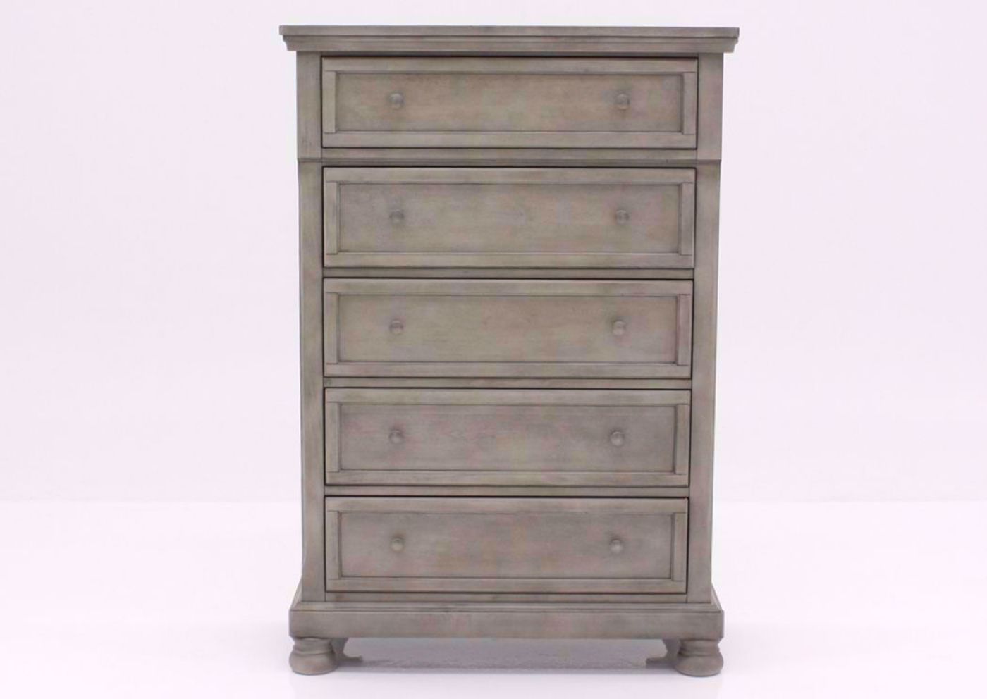 Distressed Light Gray Lettner Chest of Drawers by Ashley Furniture Facing Front | Home Furniture Plus Bedding