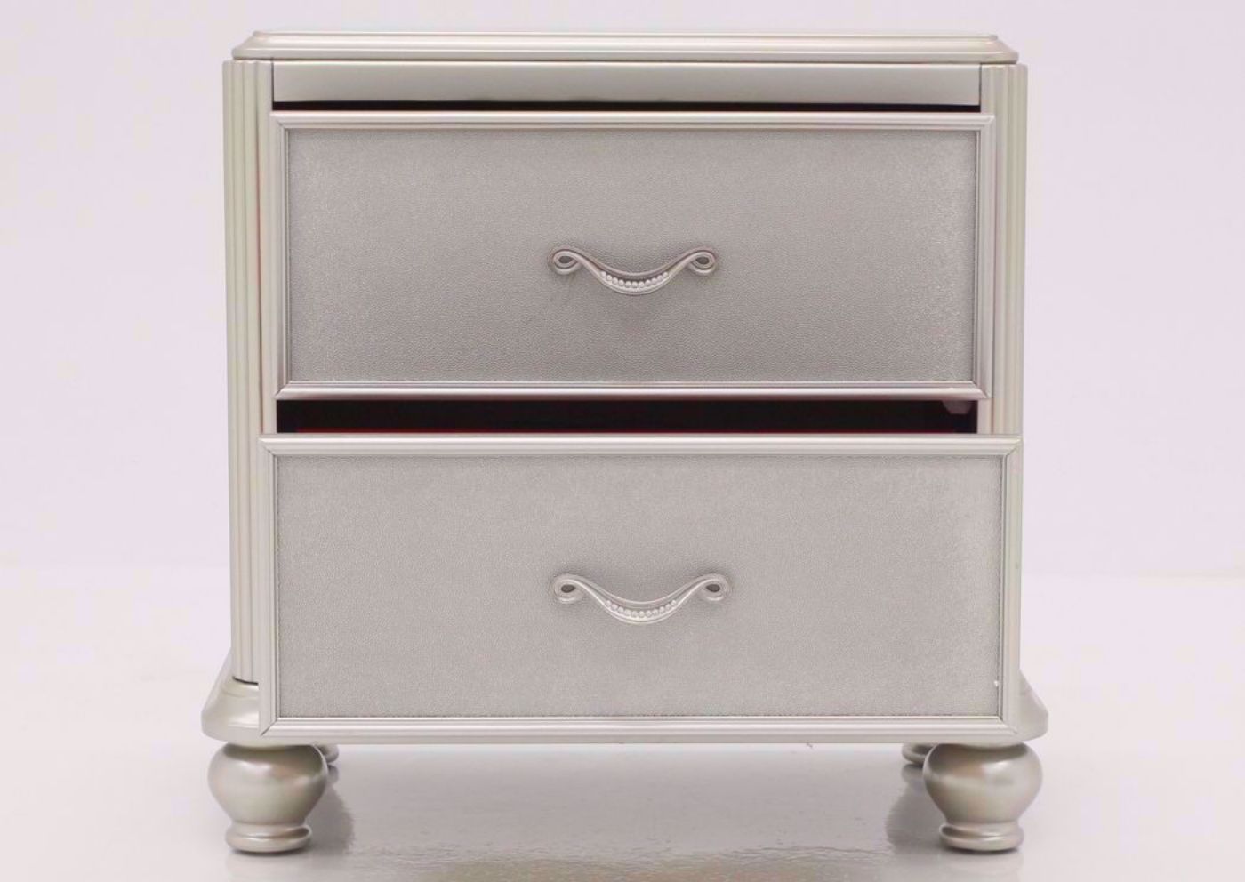 Metallic Silver Regency Nightstand Facing Front With the Drawers Open | Home Furniture Plus Mattress