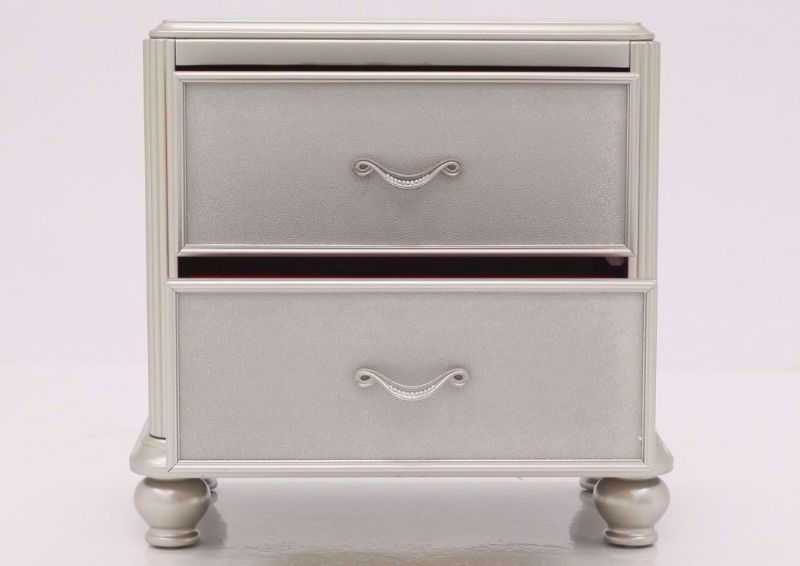 Metallic Silver Regency Nightstand Facing Front With the Drawers Open | Home Furniture Plus Mattress