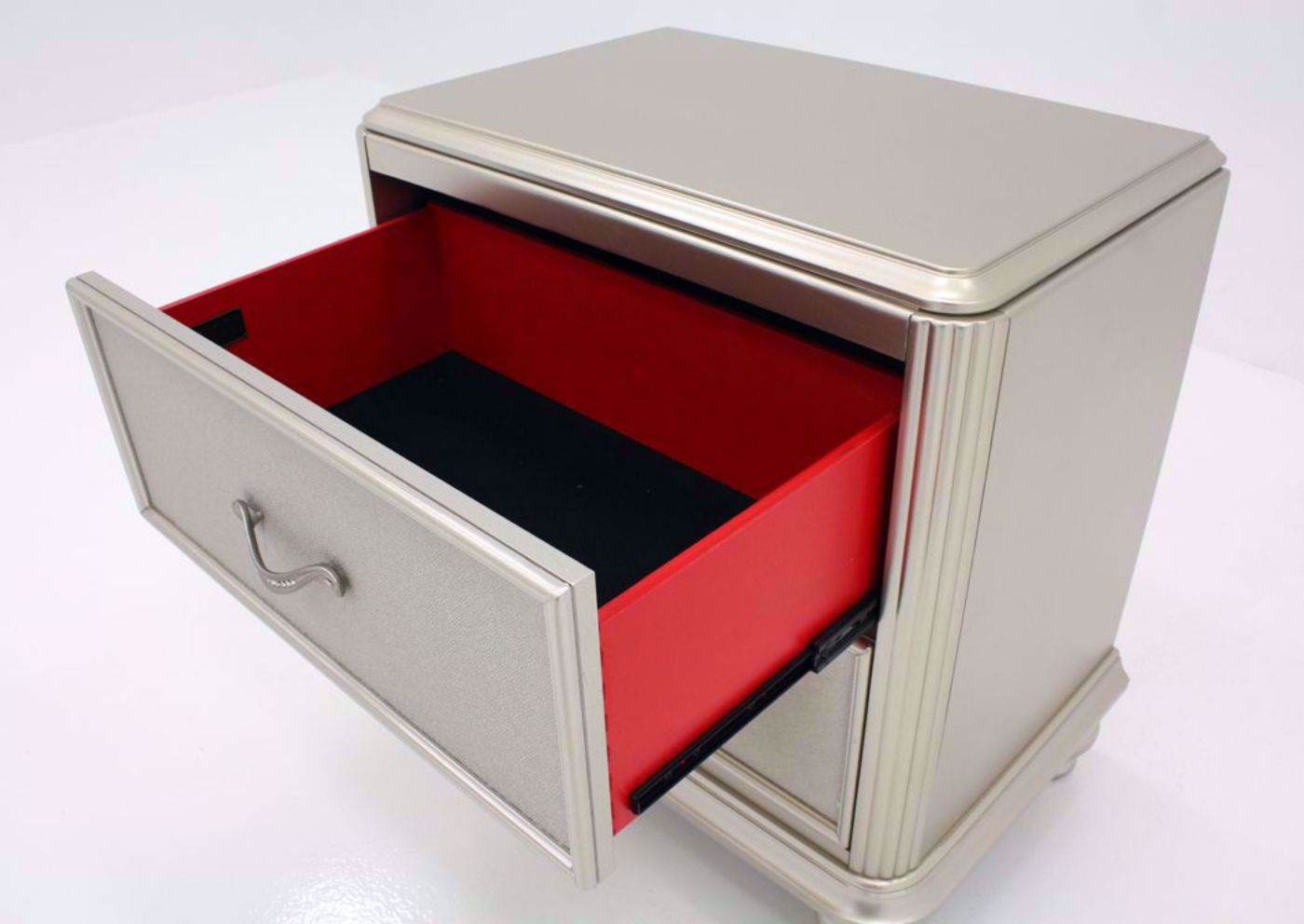 Metallic Silver Regency Nightstand Showing the Felt Lined Top Drawer Detail | Home Furniture Plus Mattress