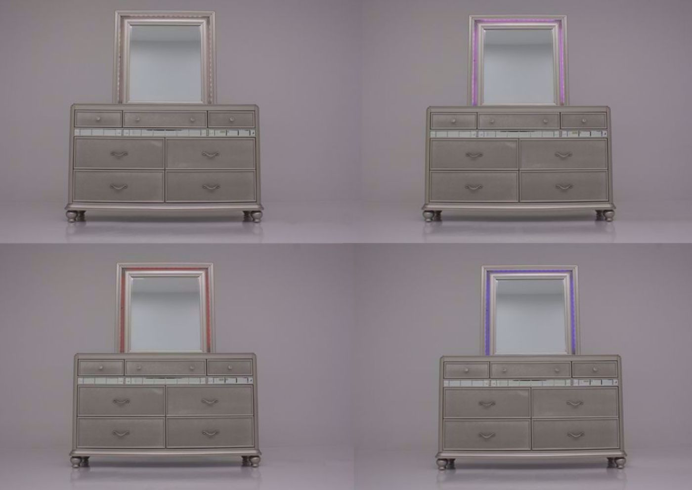 Silver Regency Dresser with Mirror Showing the Different Light Colors around the Mirror in White, Purple, Red and Blue | Home Furniture Plus Bedding