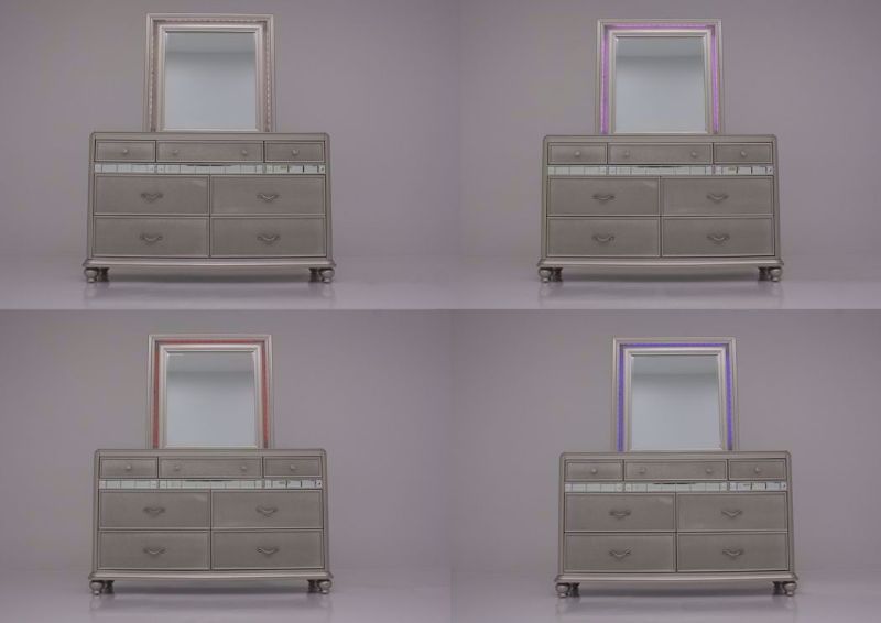 Silver Regency Dresser with Mirror Showing the Different Light Colors around the Mirror in White, Purple, Red and Blue | Home Furniture Plus Bedding