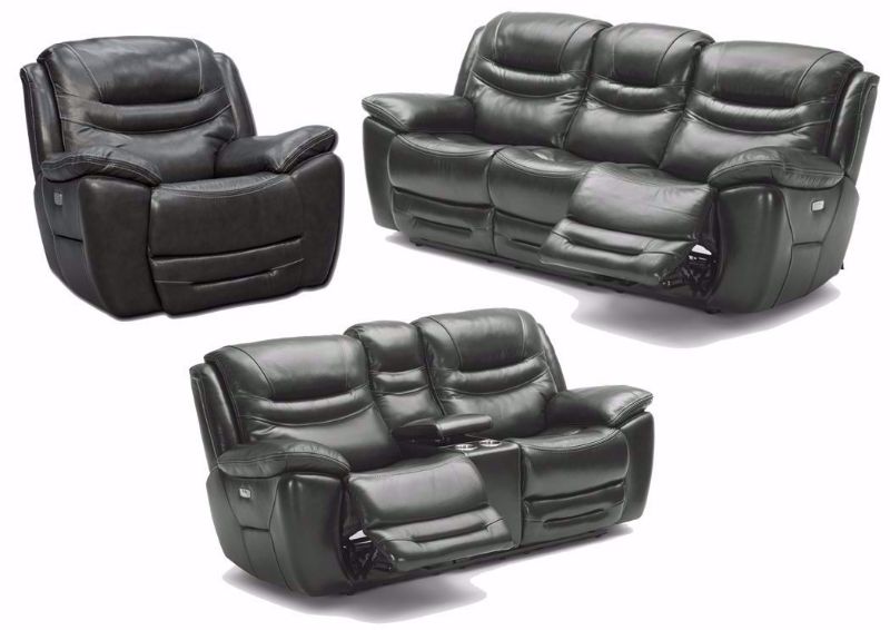 Dallas Power Activated Reclining Sofa Set by K-Motion with Gray Top Grain Leather Upholstery. Includes Reclining Sofa, Reclining Loveseat and Recliner | Home Furniture Plus Bedding