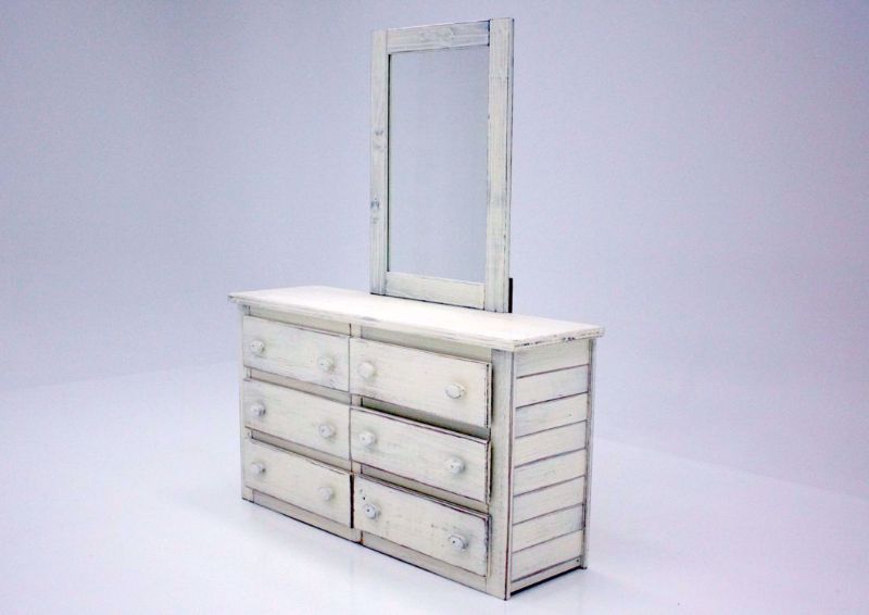 Distressed White Duncan Dresser with Mirror at an Angle | Home Furniture Plus Mattress