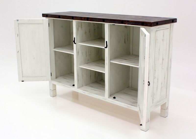 Distressed White and Ash Brown Mason Buffet at an Angle With the Doors Open | Home Furniture Plus Bedding