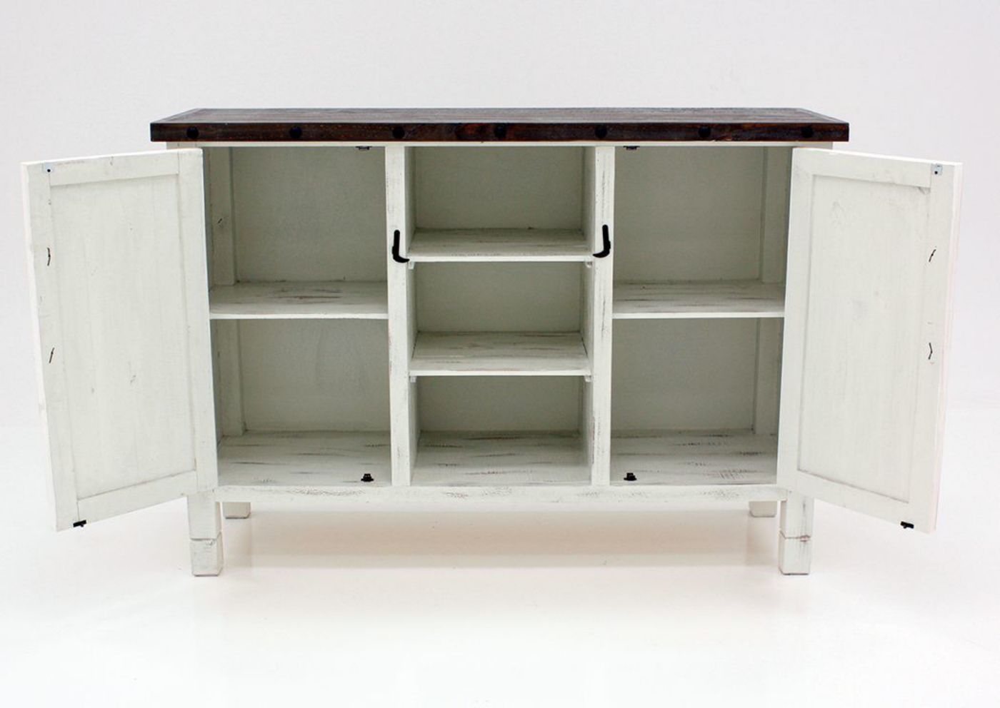 Distressed White and Ash Brown Mason Buffet Facing Front With the Doors Open | Home Furniture Plus Bedding