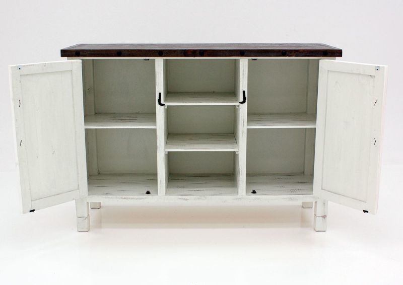 Distressed White and Ash Brown Mason Buffet Facing Front With the Doors Open | Home Furniture Plus Bedding