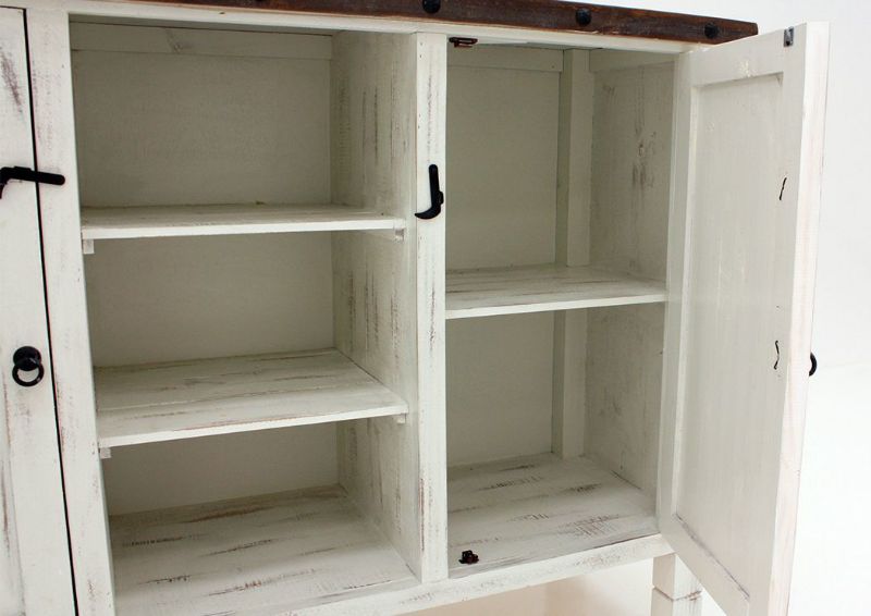 Distressed White and Ash Brown Mason Buffet Showing the Cabinet Interior Shelves | Home Furniture Plus Bedding