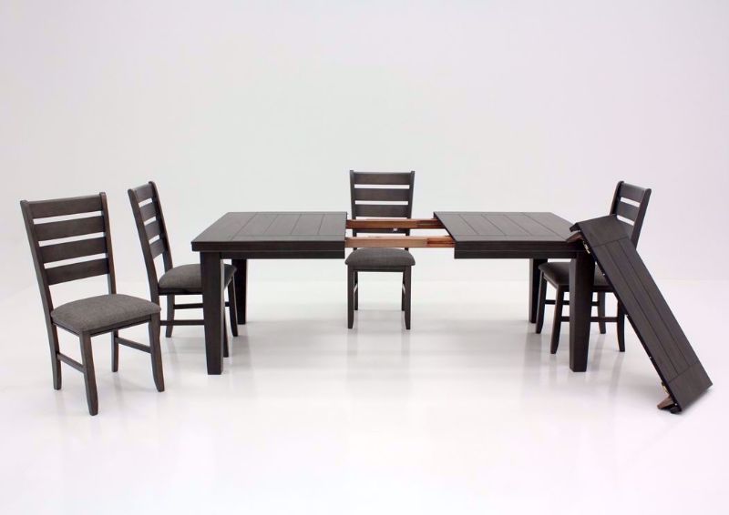 Dark Gray Bardstown Dining Table Set Facing Front With the Leaf Out and to the Side | Home Furniture Plus Mattress