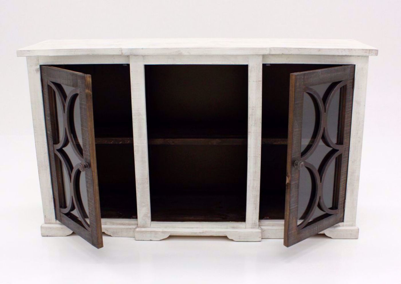 Distressed White and Ash Brown Winston TV Stand Hutch Facing Front with the Doors Open | Home Furniture Plus Bedding
