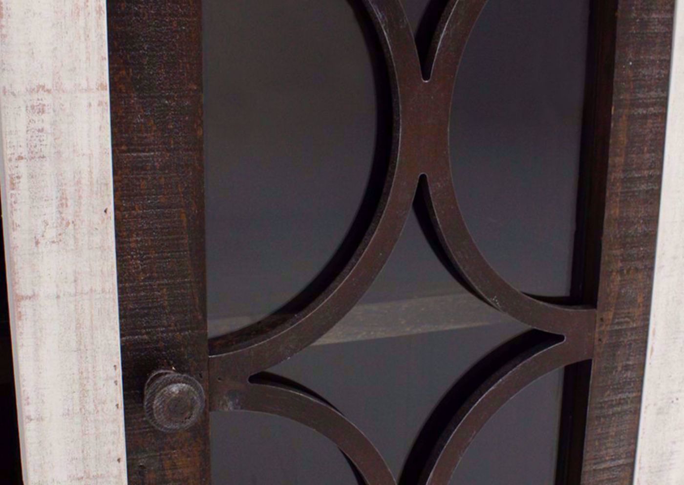 Distressed White and Ash Brown Winston TV Stand Hutch's Glass Door Decorative Wood Detail | Home Furniture Plus Bedding