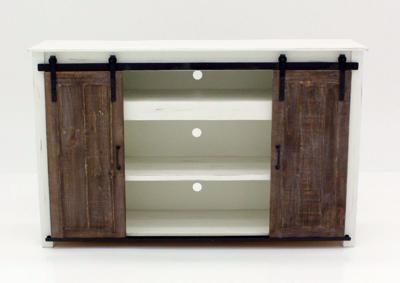 Maverick TV Stand by Vintage, Ash and White, Front Facing, Doors Open | Home Furniture Plus Bedding