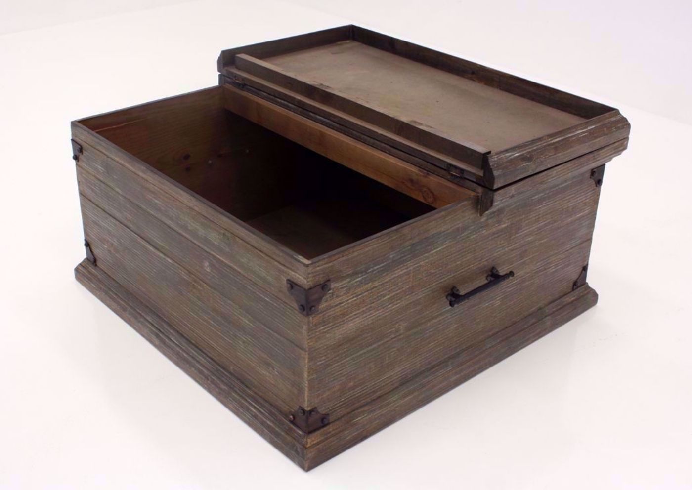 Barnwood Brown Carson Storage Coffee Table at an Angle With the Top Open | Home Furniture Plus Bedding