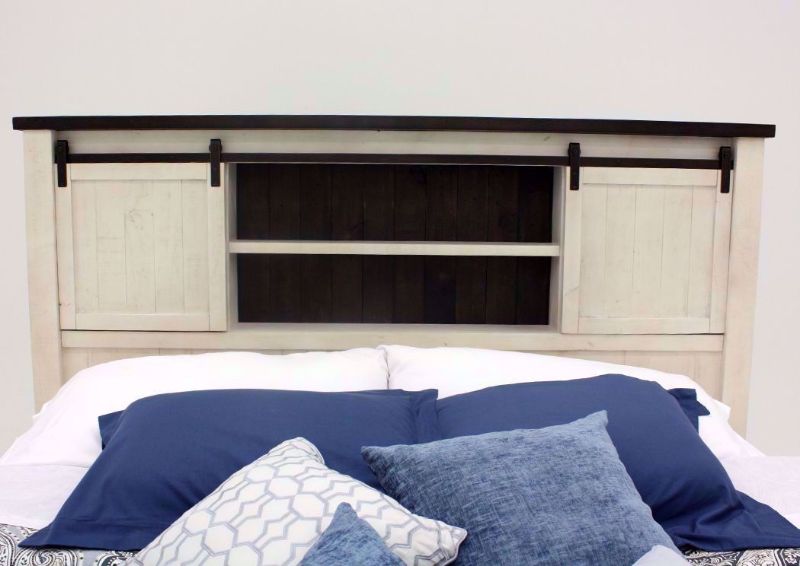 Distressed White Madison County Queen Bed Showing the Headboard With the Doors Open | Home Furniture Plus Bedding
