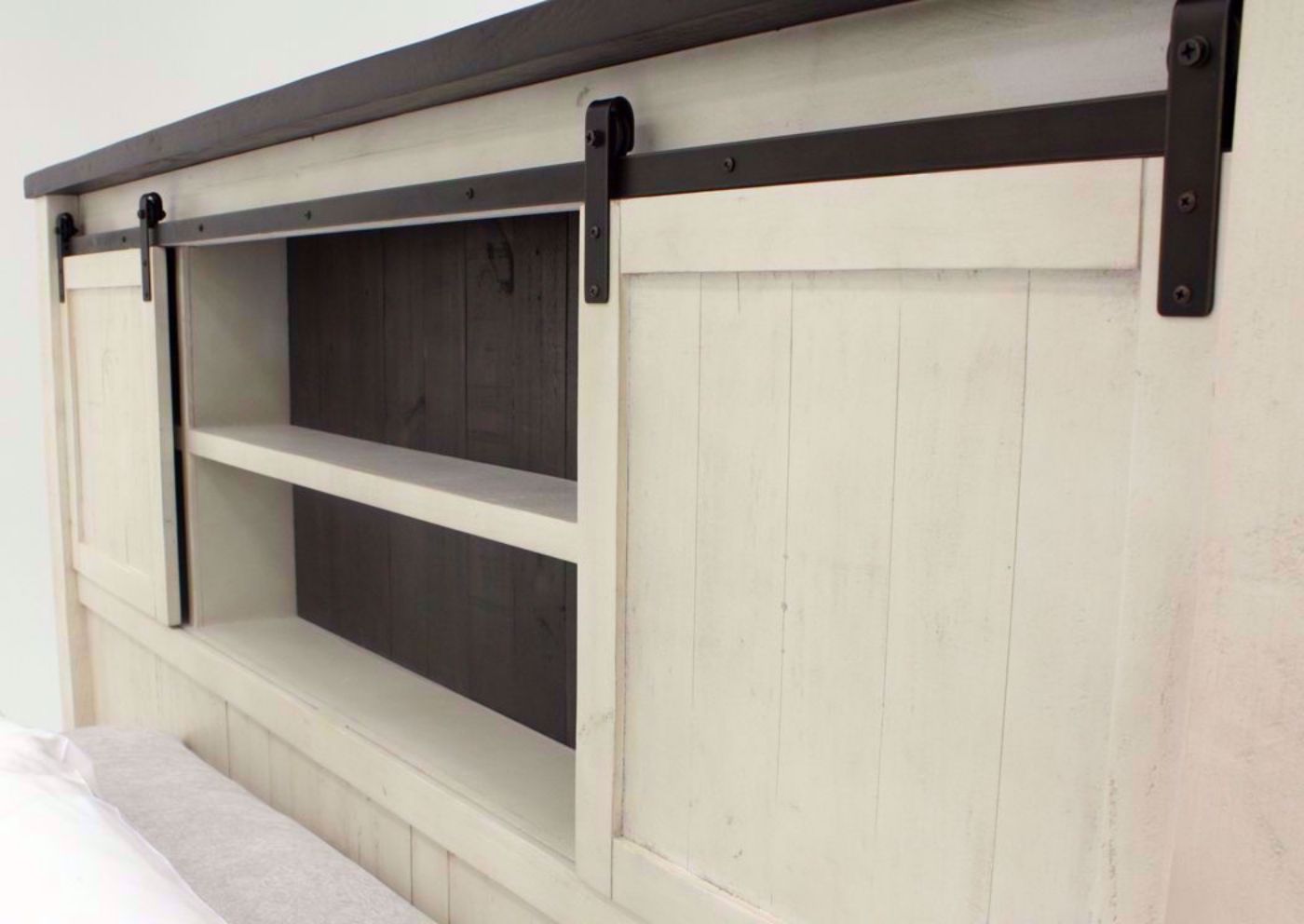 Distressed White Madison County King Bed Showing the Headboard With the Barn Doors Open Close Up | Home Furniture Plus Bedding
