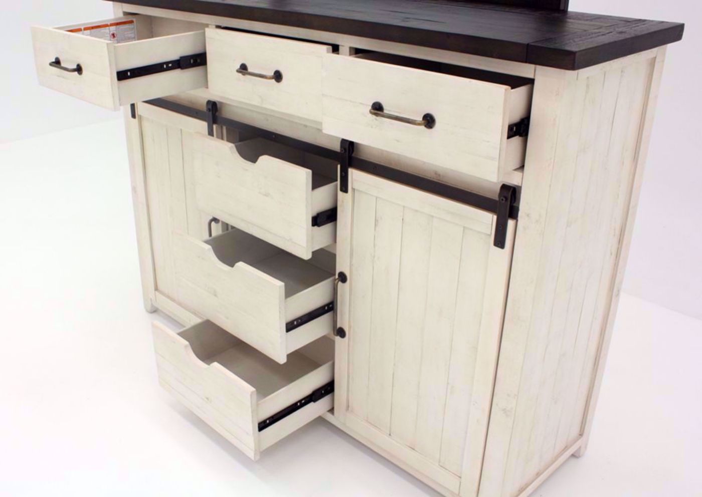 Antique White Madison County Dresser with Mirror Showing the Drawers Open | Home Furniture Plus Bedding