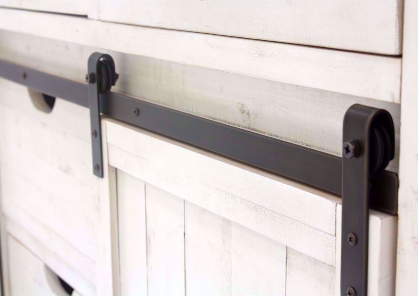 Antique White Madison County Dresser with Mirror Showing the Barn Door Hardware | Home Furniture Plus Bedding