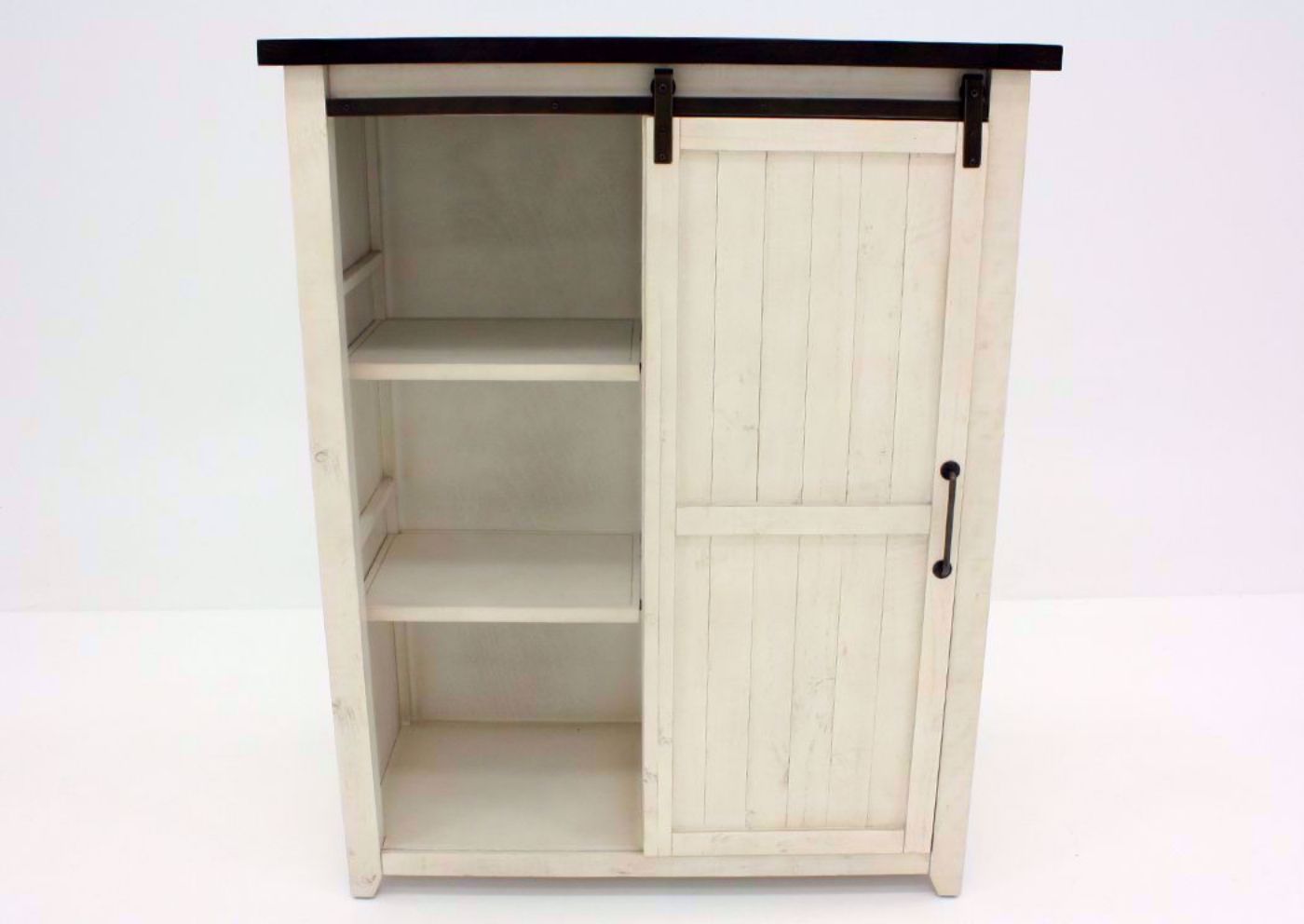 Antique White Madison County Chest of Drawers Facing Front With the Barn Door Open | Home Furniture Plus Bedding
