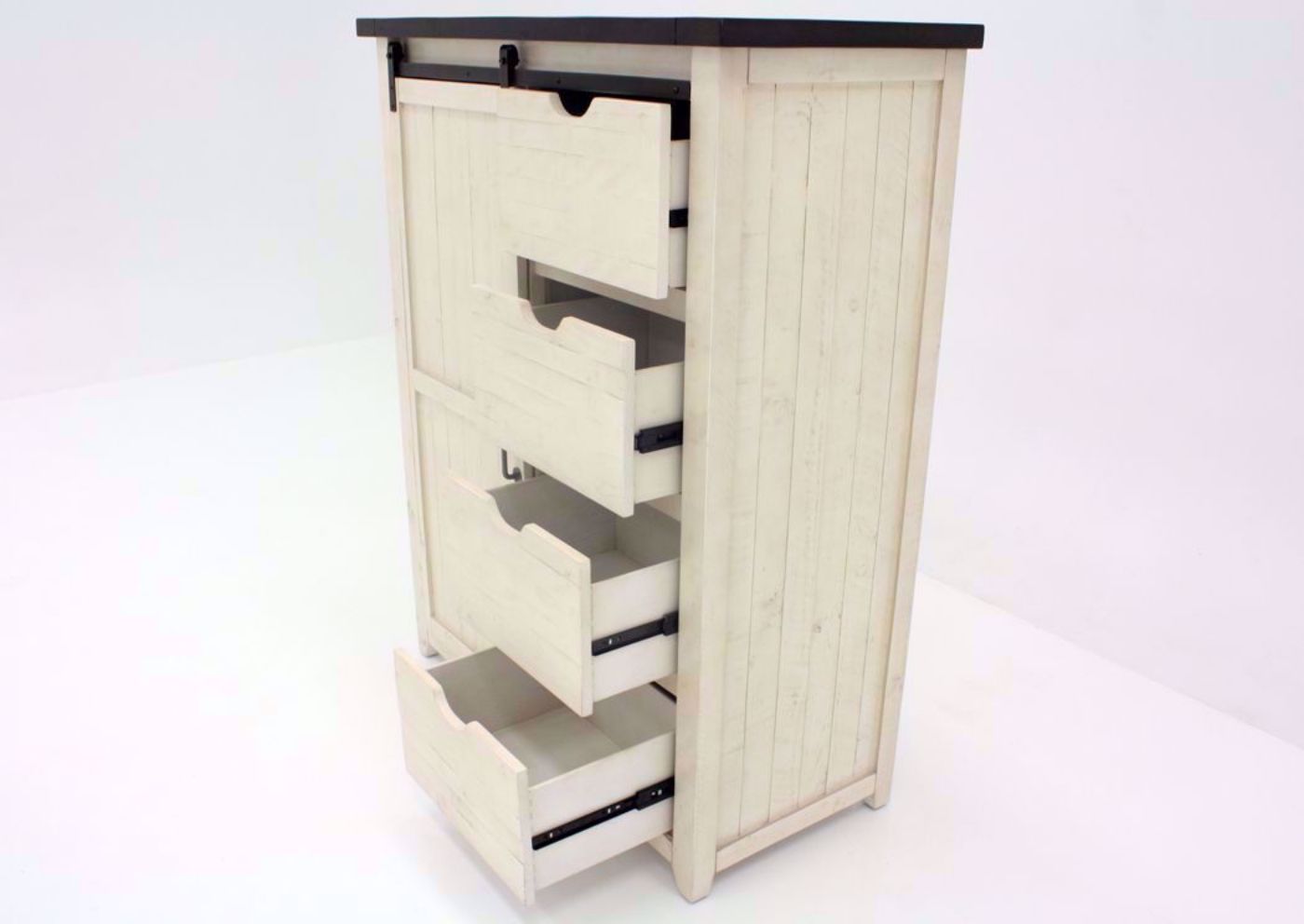Antique White Madison County Chest of Drawers Facing Front With the Barn Door Open Showing the Drawers Open | Home Furniture Plus Bedding