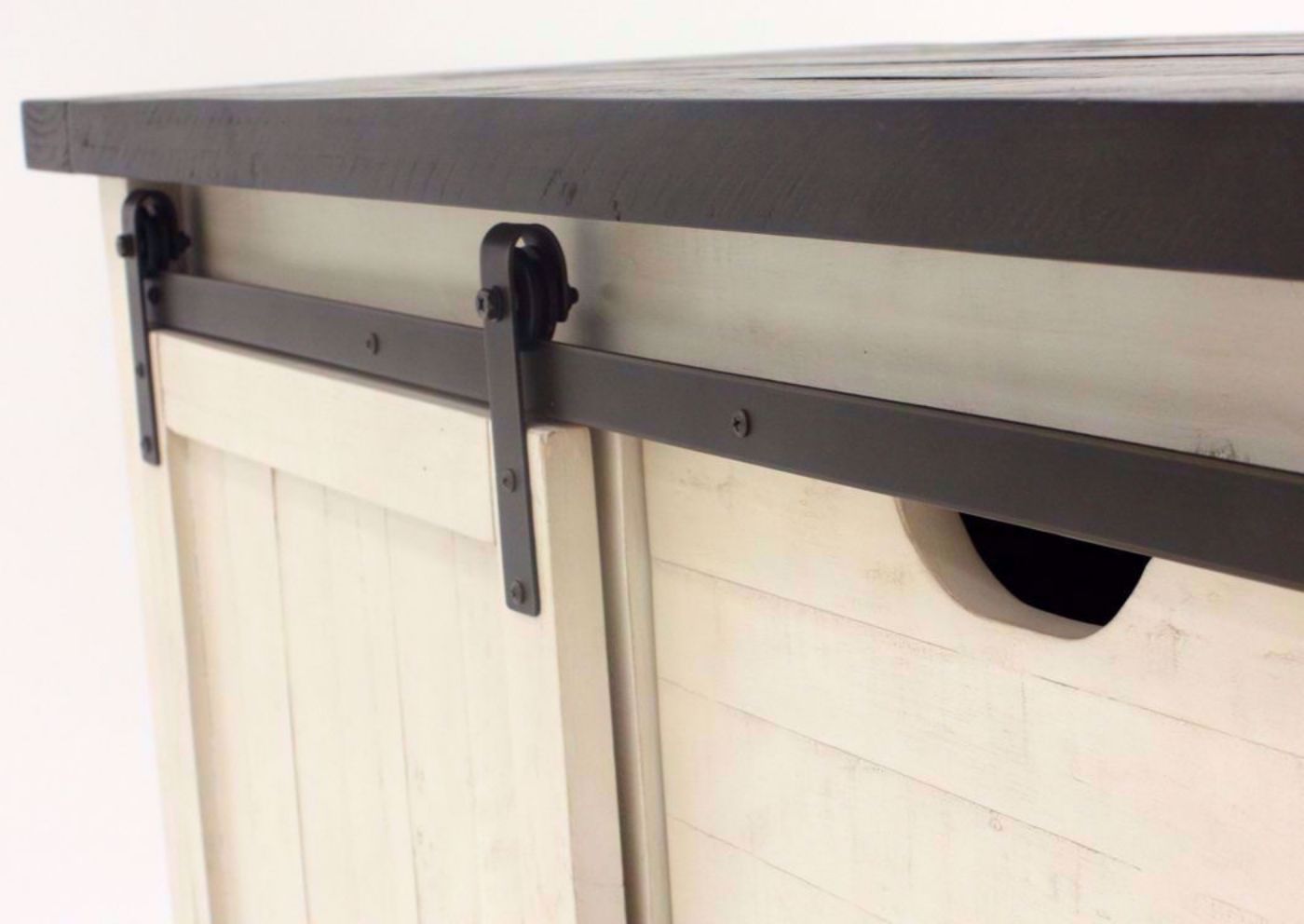 Antique White Madison County Chest of Drawers Showing the Barn Door Metal Work | Home Furniture Plus Bedding