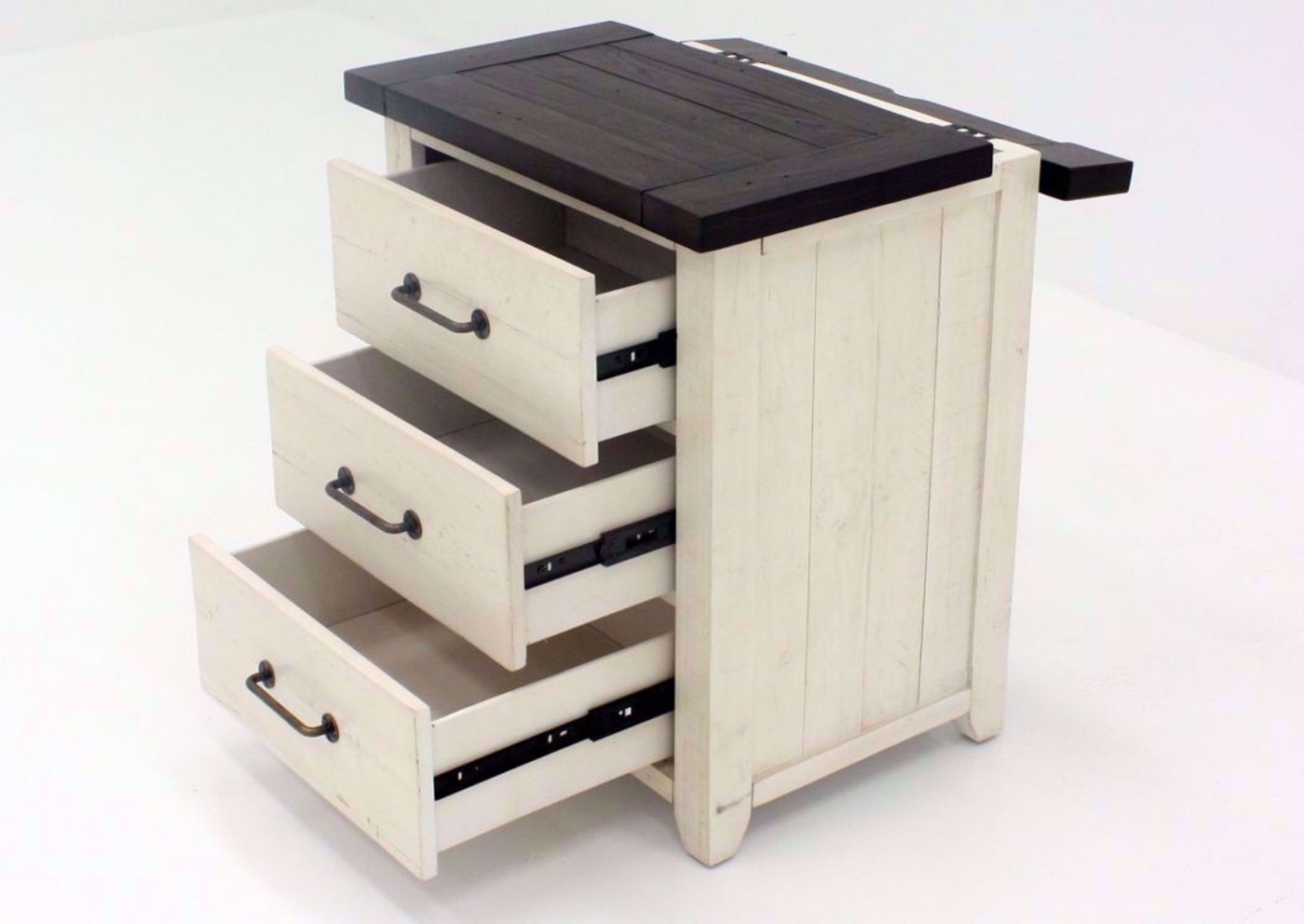 Antique White Madison County Nightstand at an Angle With the Drawers Open | Home Furniture Plus Mattress